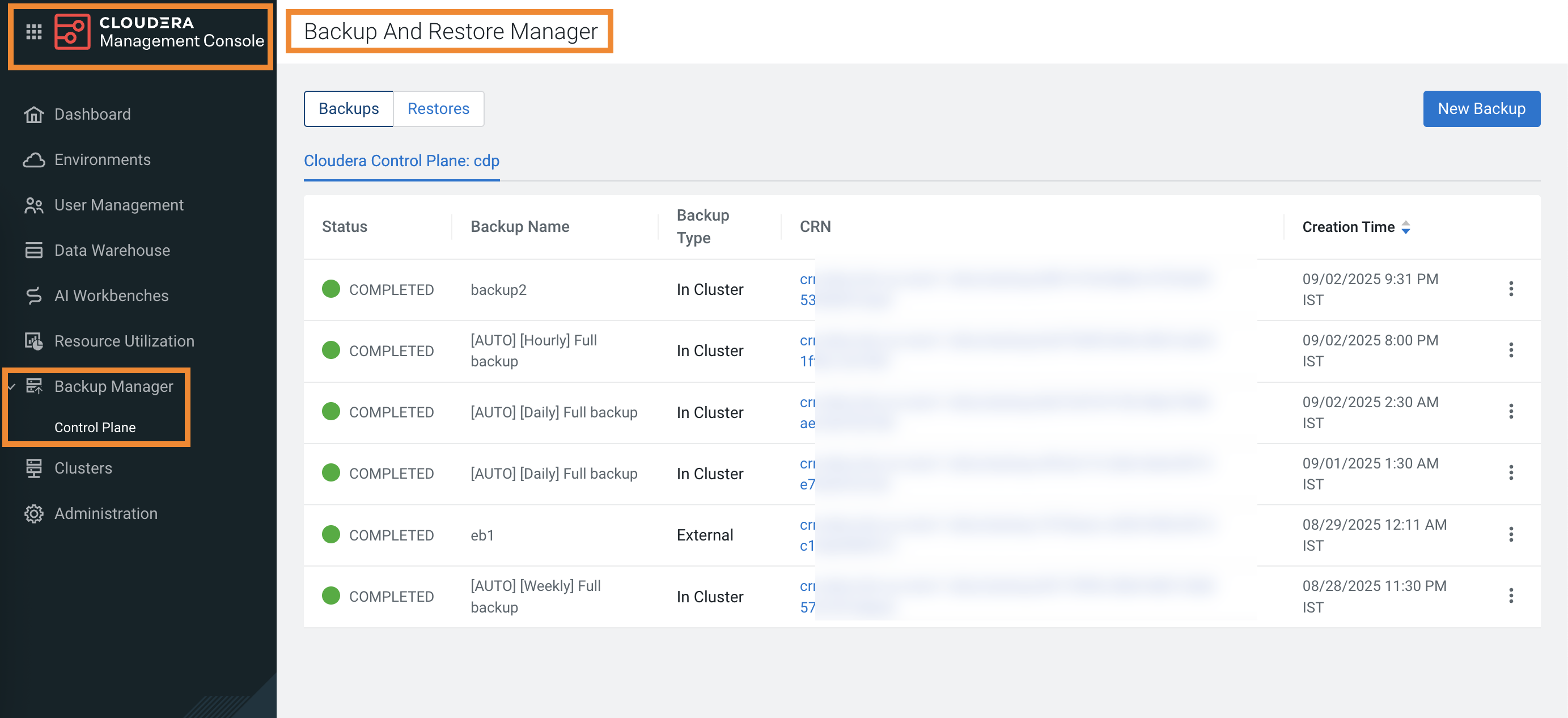 The sample image shows the Backup and Restore Manager page.