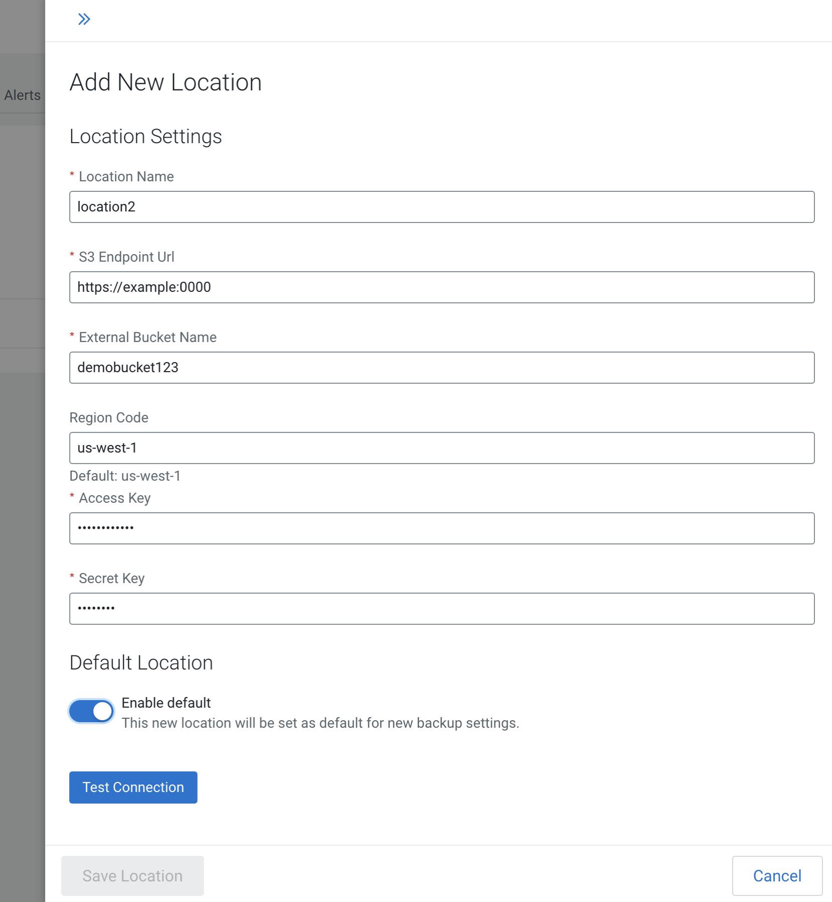 The image shows the the Add New Location option on the Backuo and Restore tab.