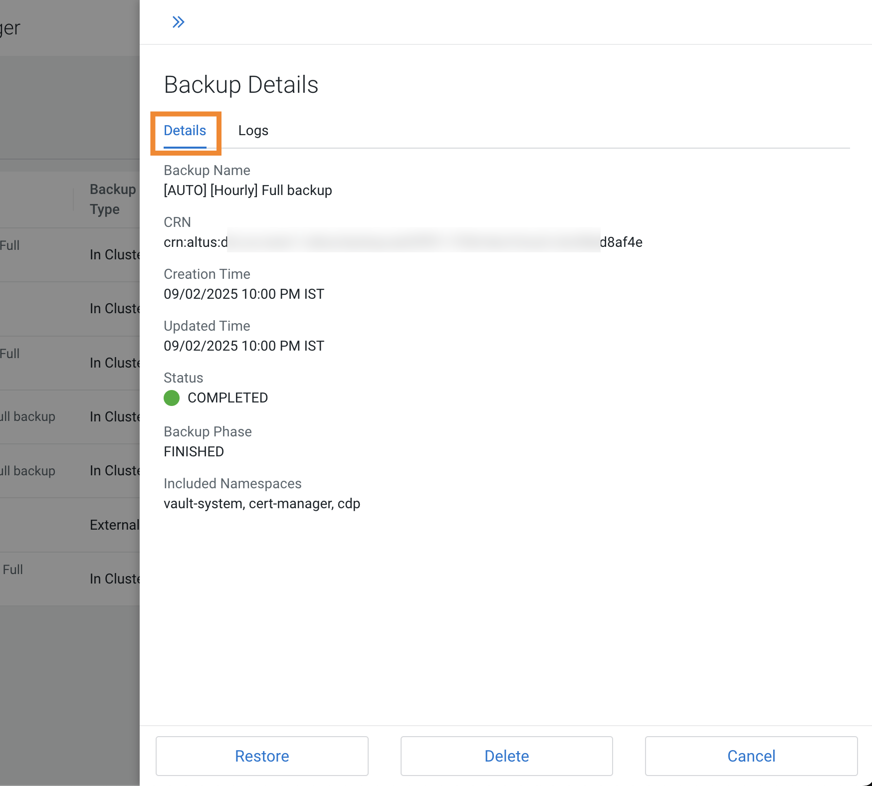 The sample image shows the backup CRN as CRN on the Backups tab in Backup and Restore Manager.