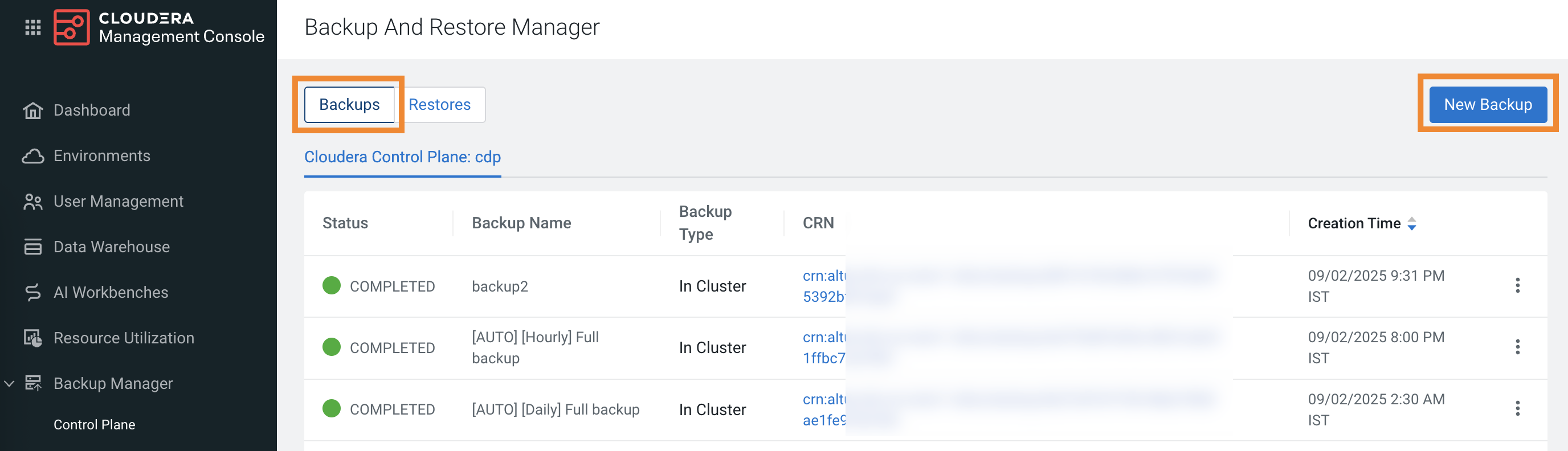 The sample image shows the New Backup option on the Backups tab.