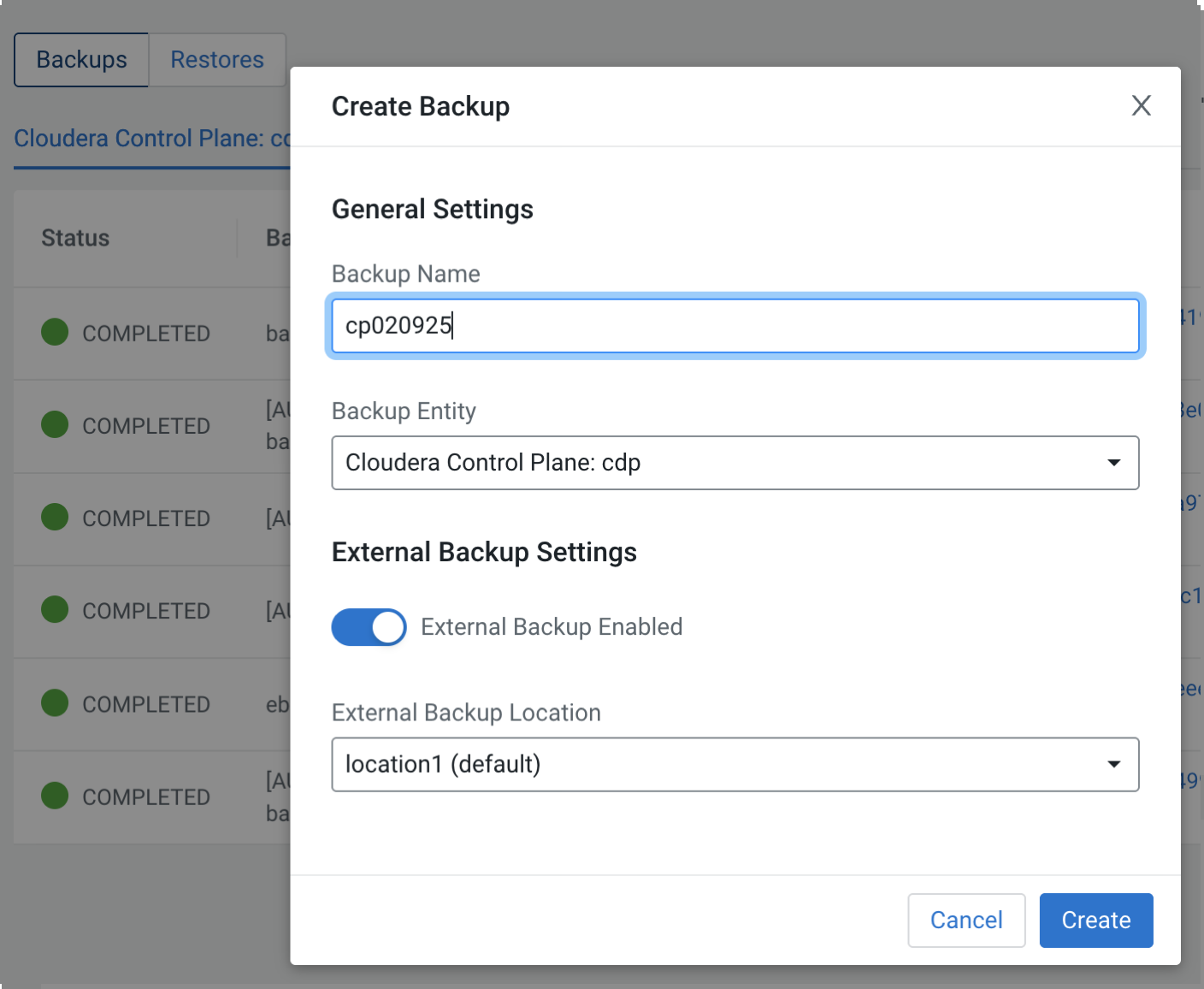 The sample image shows the Create Backup modal window where you enter a backup name, choose the backup entity, and click create to create a backup.