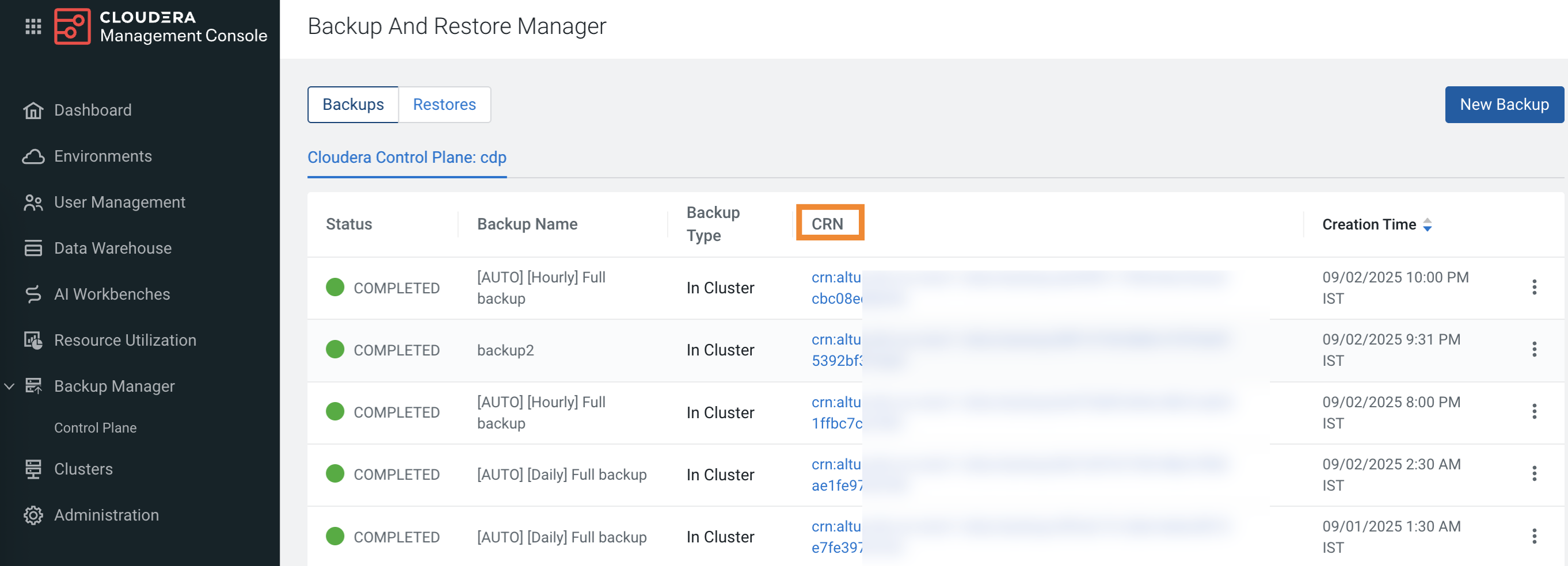 The sample image shows the backup CRN as CRN on the Backups tab in Backup and Restore Manager.