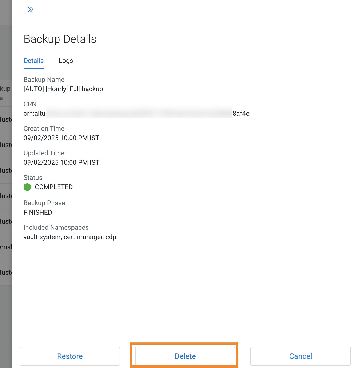 The sample image shows the Restore Details modal window after you click the CRN for a restore event on the Restores tab.