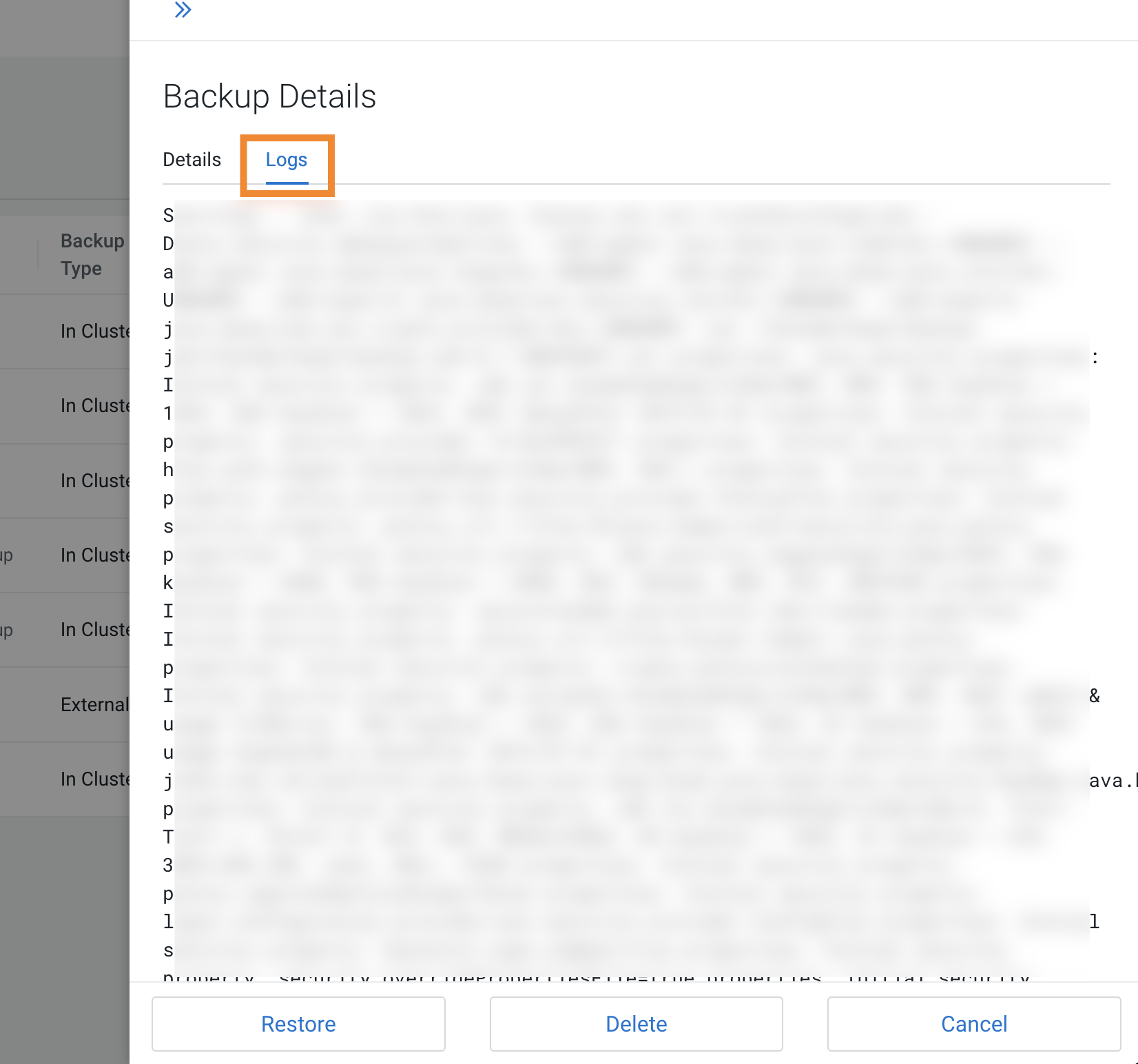 The sample image shows the Restore Details modal window after you click the CRN for a restore event on the Restores tab.