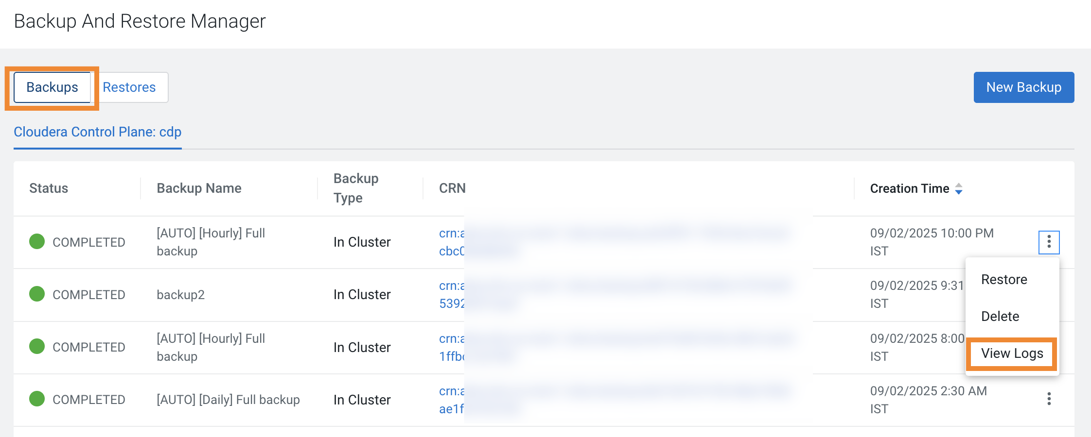 The sample image shows the Restore Details modal window after you click the CRN for a restore event on the Restores tab.