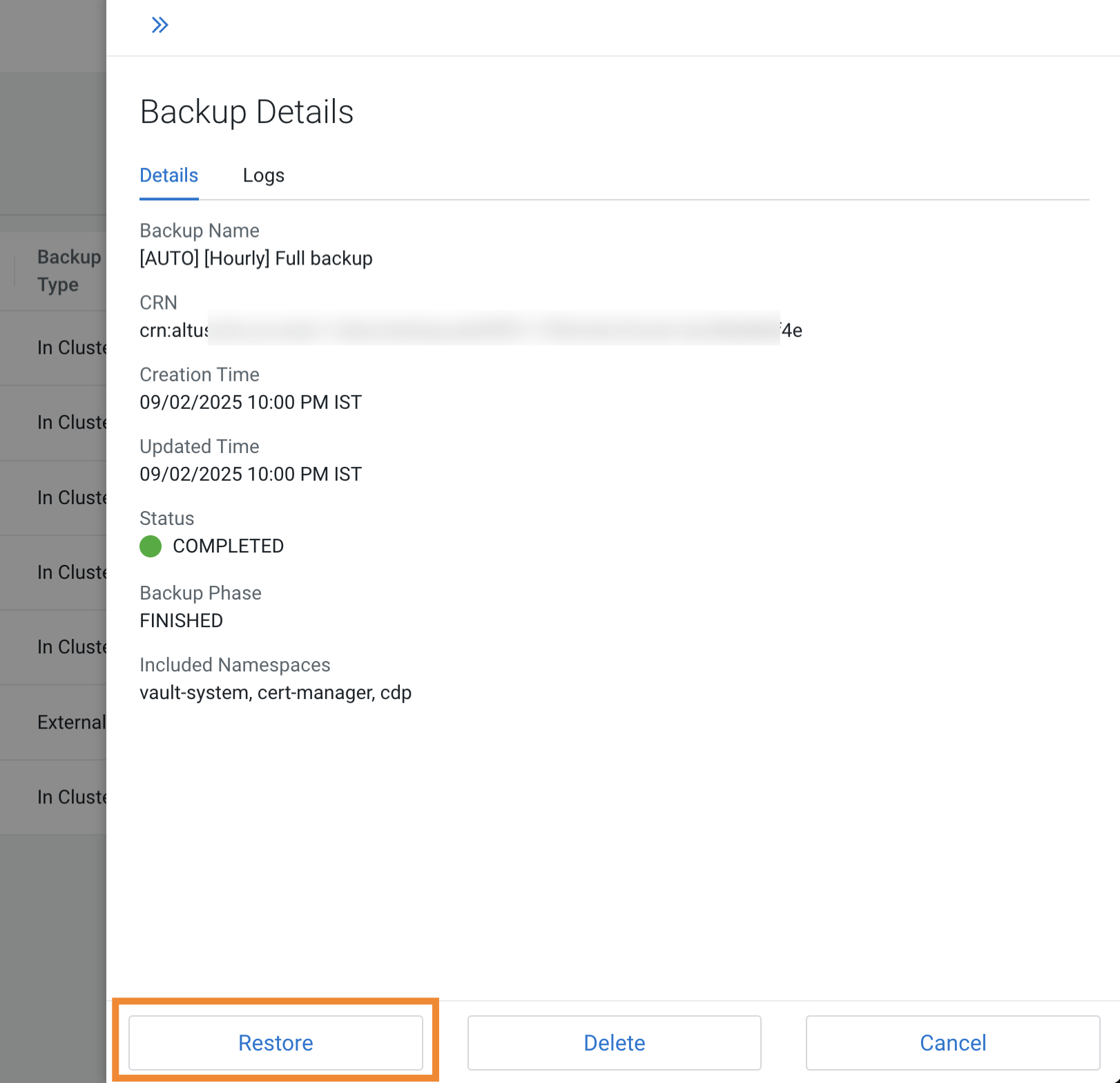 The sample image shows the Restore option on the Backup details modal window.