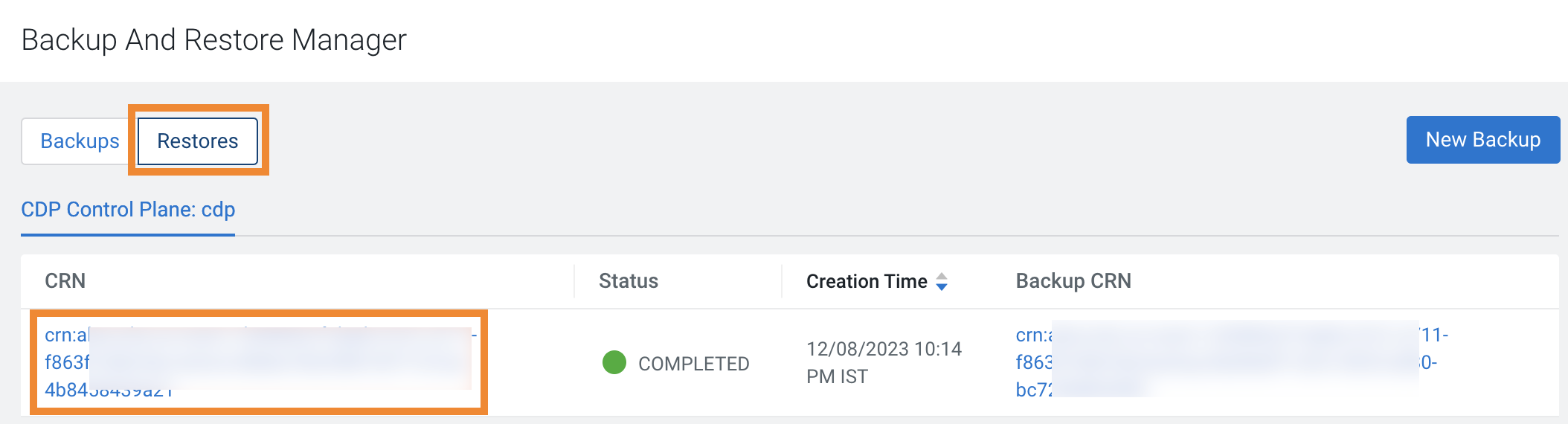 The sample image shows the Restore Details modal window after you click the CRN for a restore event on the Restores tab.