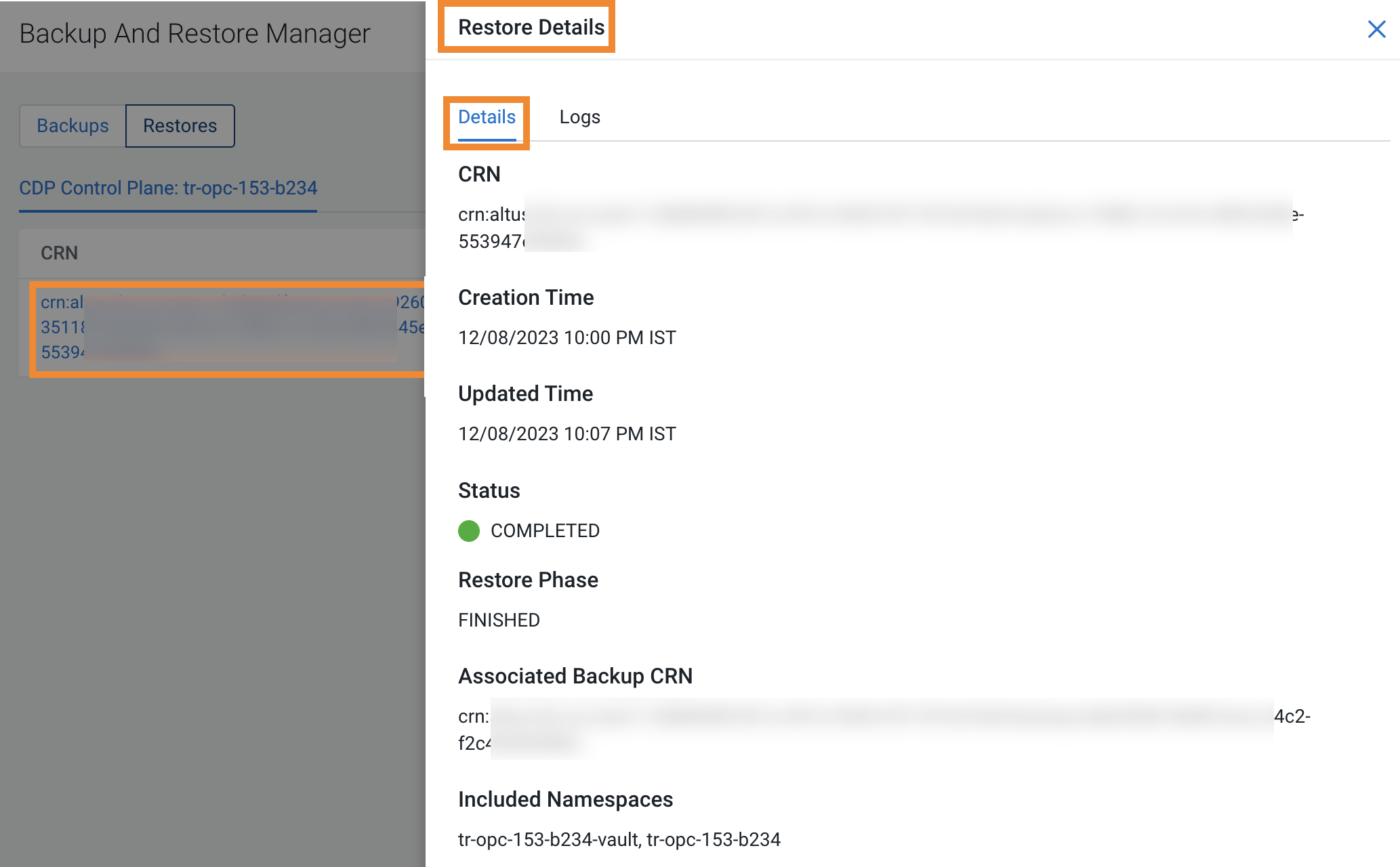 The sample image shows the Restore Details modal window after you click the CRN for a restore event on the Restores tab.